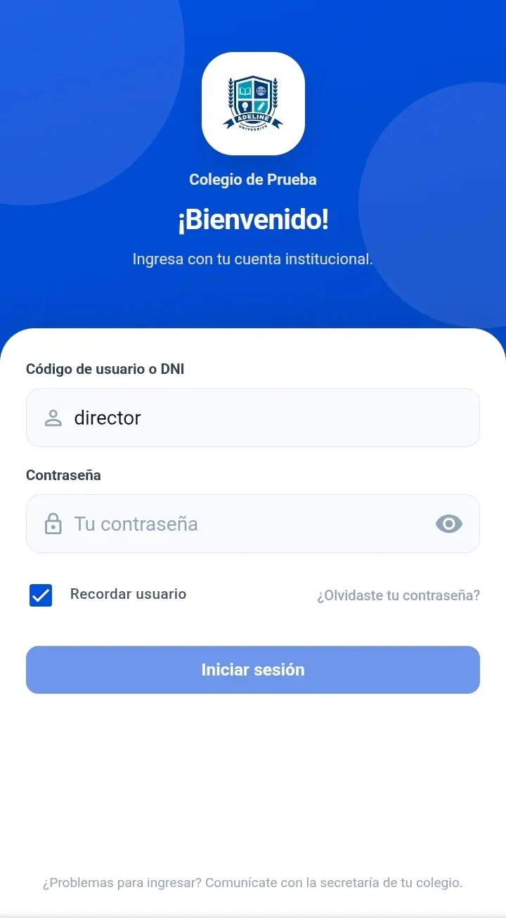 Login de un colegio con su logo y colores en celular