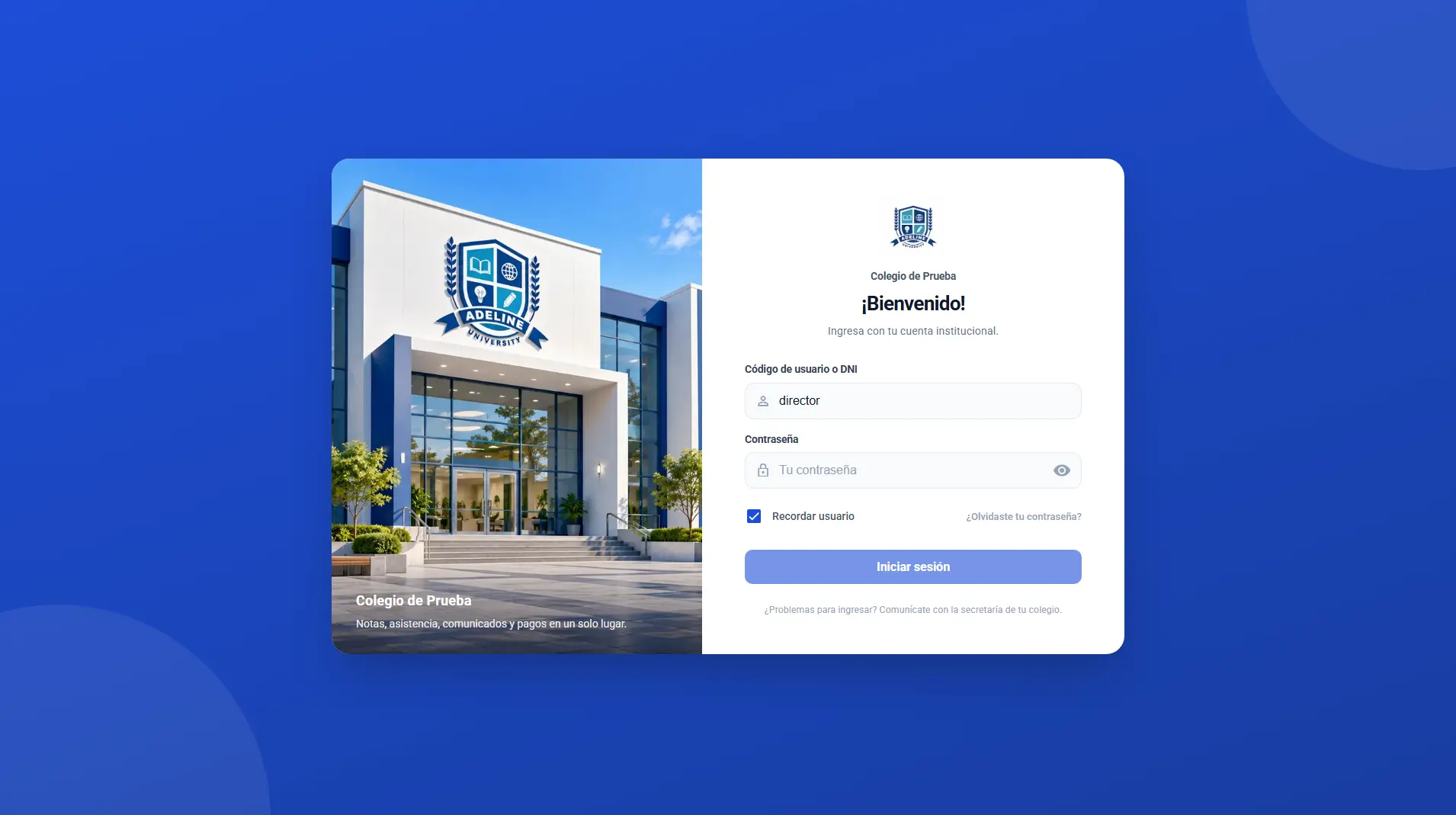 Login de un colegio con su logo y colores en computadora