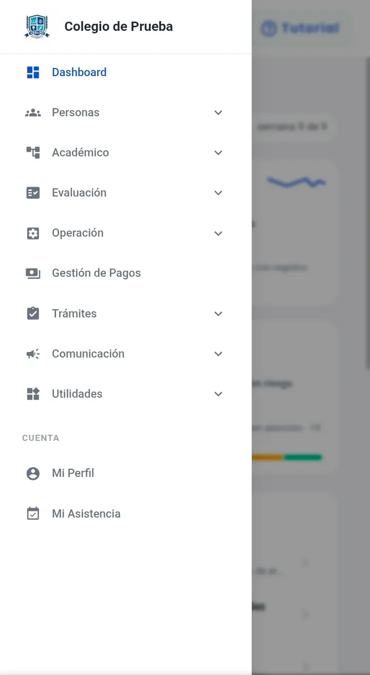 Menú de Campus Escolar abierto en el celular