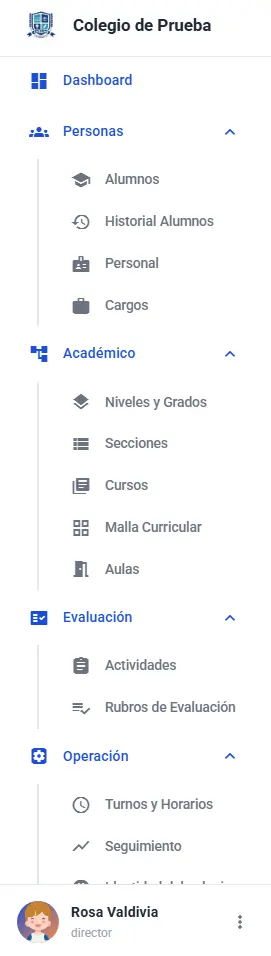 Menú lateral completo del director con todas sus secciones