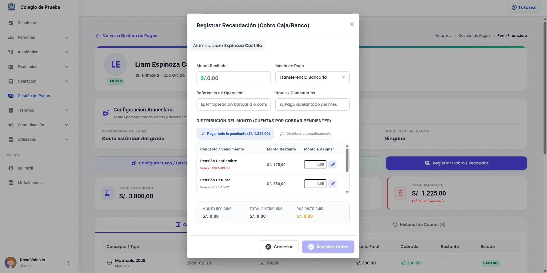 Registro de pago con Yape o Plin y distribución de un adelanto